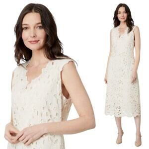 Ivory Lace Midi Dress V Neck Sheath Cottagecore Romantic Summer Event, 6 NWOT